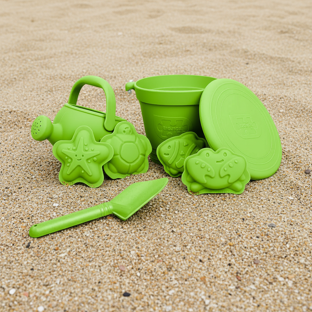 Green sand toys including a watering can, bucket, molds, and shovel on a white background