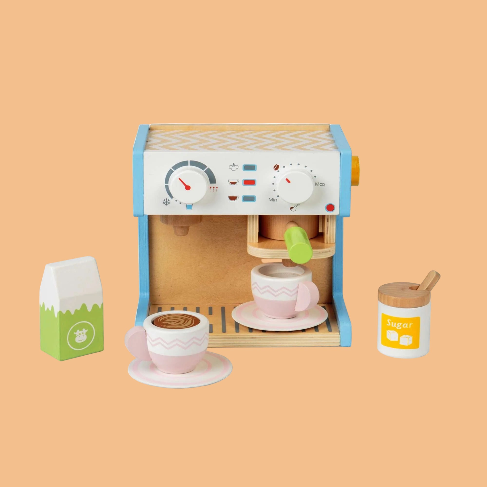 Wooden toy coffee maker set with cups and milk carton on a white background