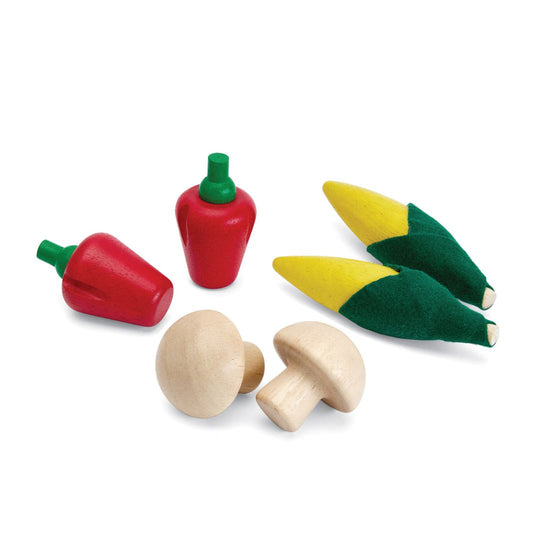 Plan Toys Fresh Produce Set D (Corn on the Cob, Mushrooms & Red Bell Peppers)