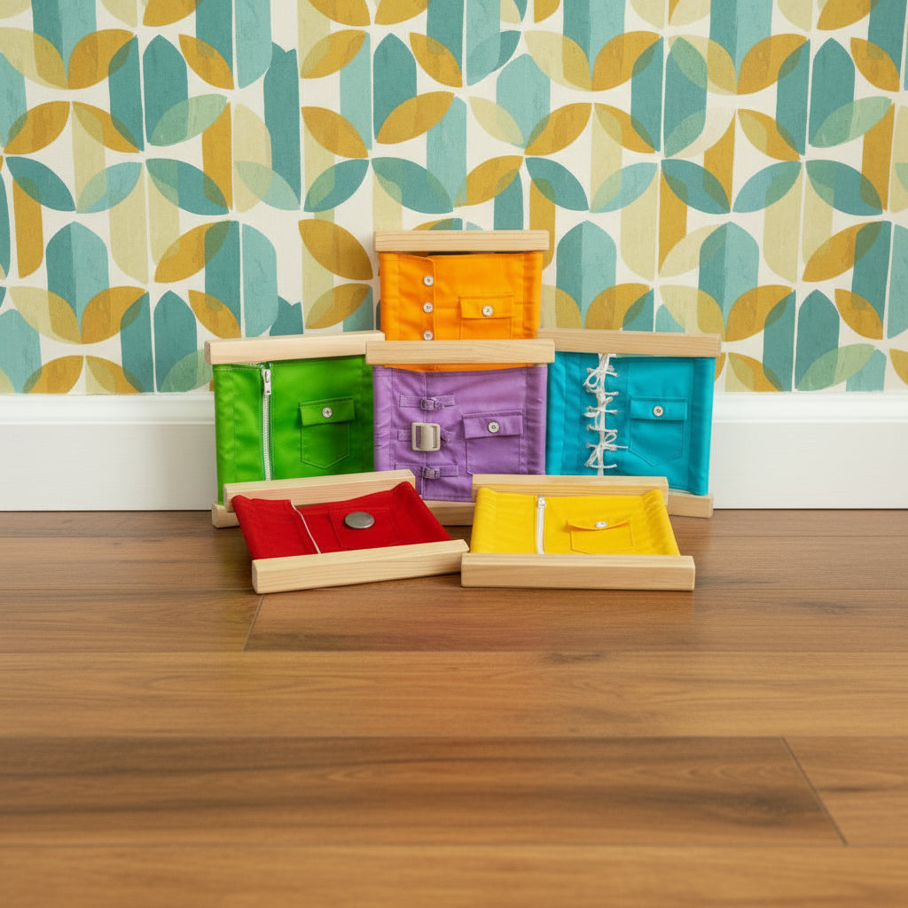 A set of six colorful fastening frames with various fasteners such as buckles, poppers, and velcro designed for children's motor skills development.