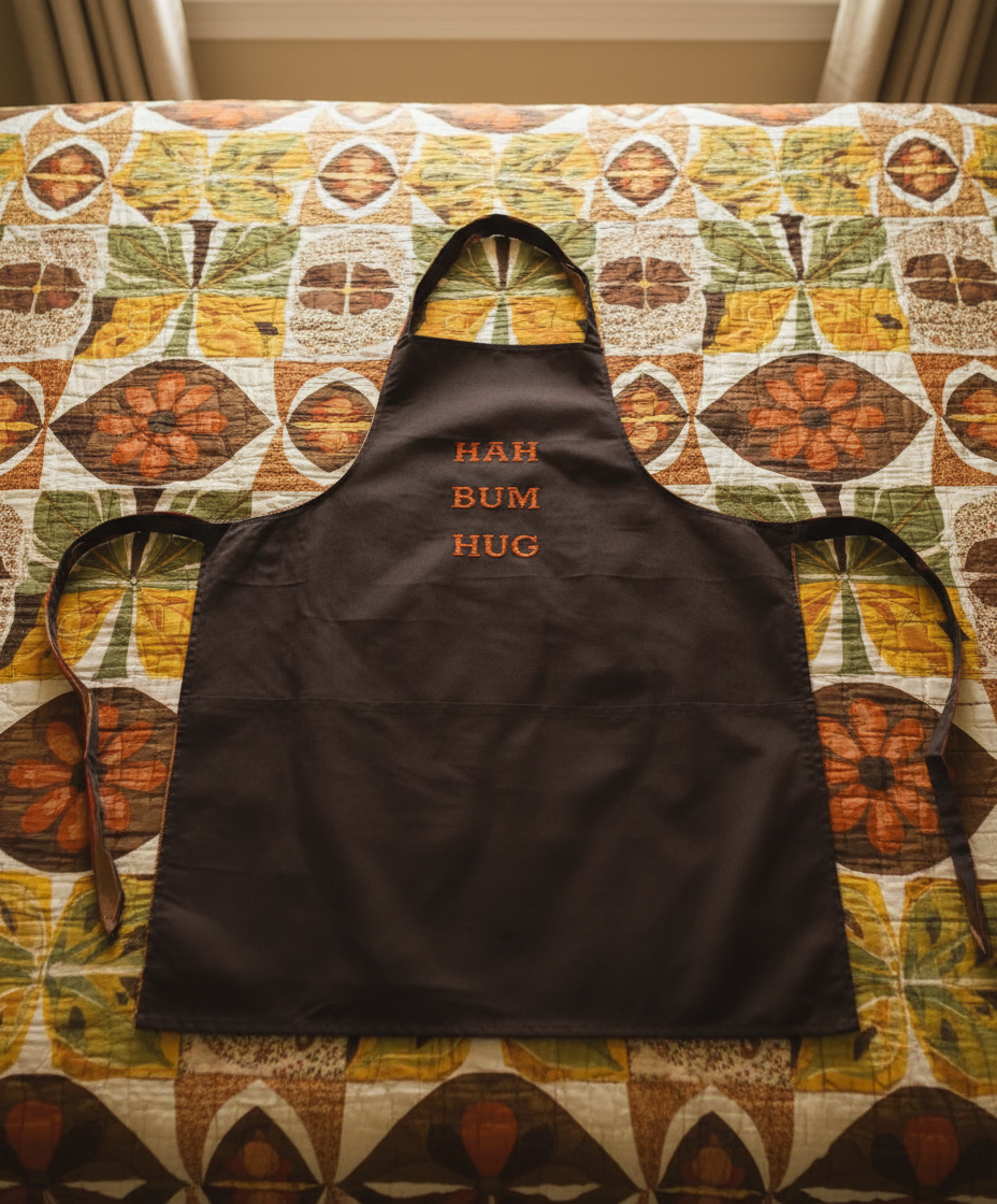 Black apron with orange text 'HAH BUM HUG' on a white background