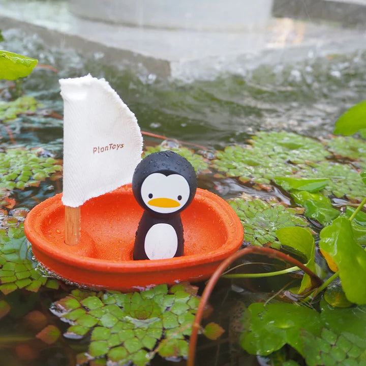 PlanToys Wooden Sailing Boat Penguin Bath Toy