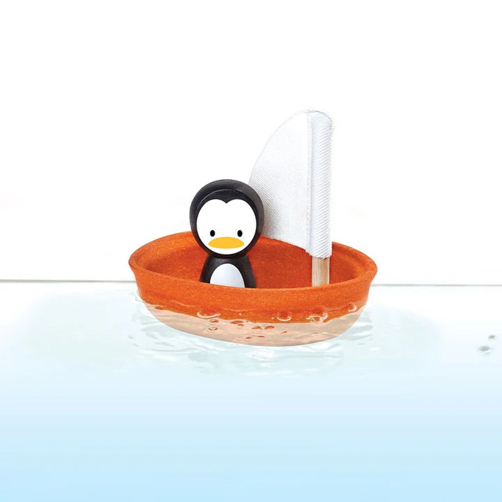 PlanToys Wooden Sailing Boat Penguin Bath Toy