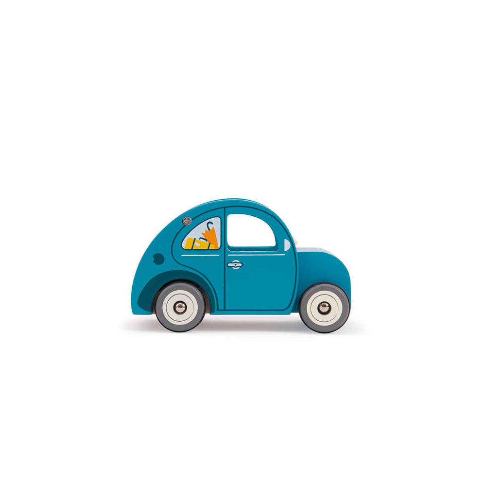 Blue toy car with a white interior on a white background