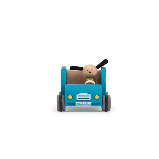 Front view of the wooden blue car with the figure in the driving seat. Registration plate reads 'Moulin Roty' - the name of the brand