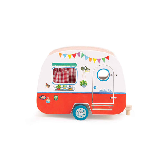 Wooden toy camper with colourful design on a white background