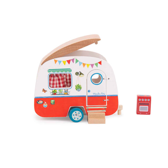Wooden toy camper with a white and red design, with painted bunting, removeable roof, checked curtains, opening door with step and a wooden cooker
