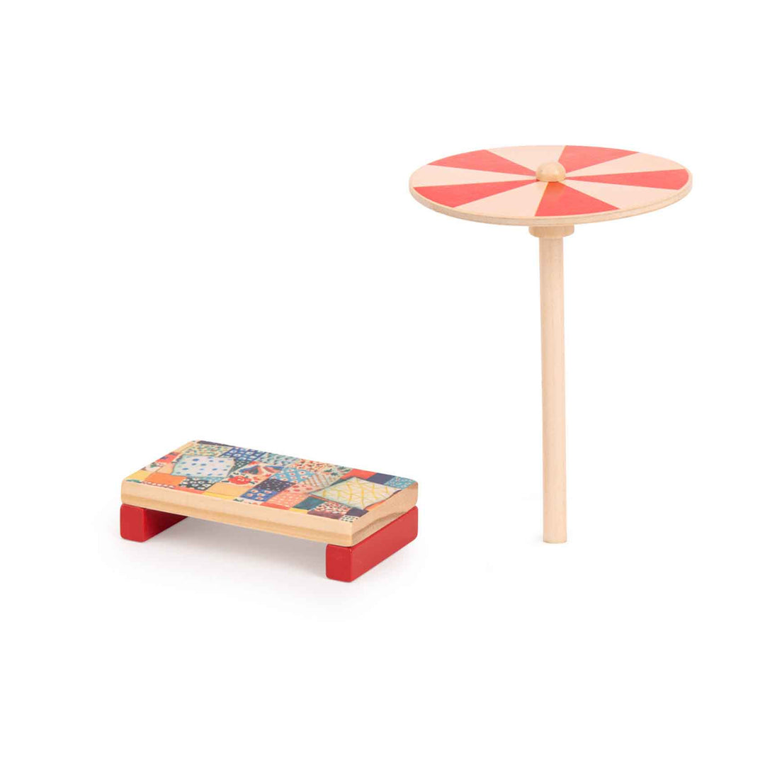 Wooden bed with wooden umbrella parasol