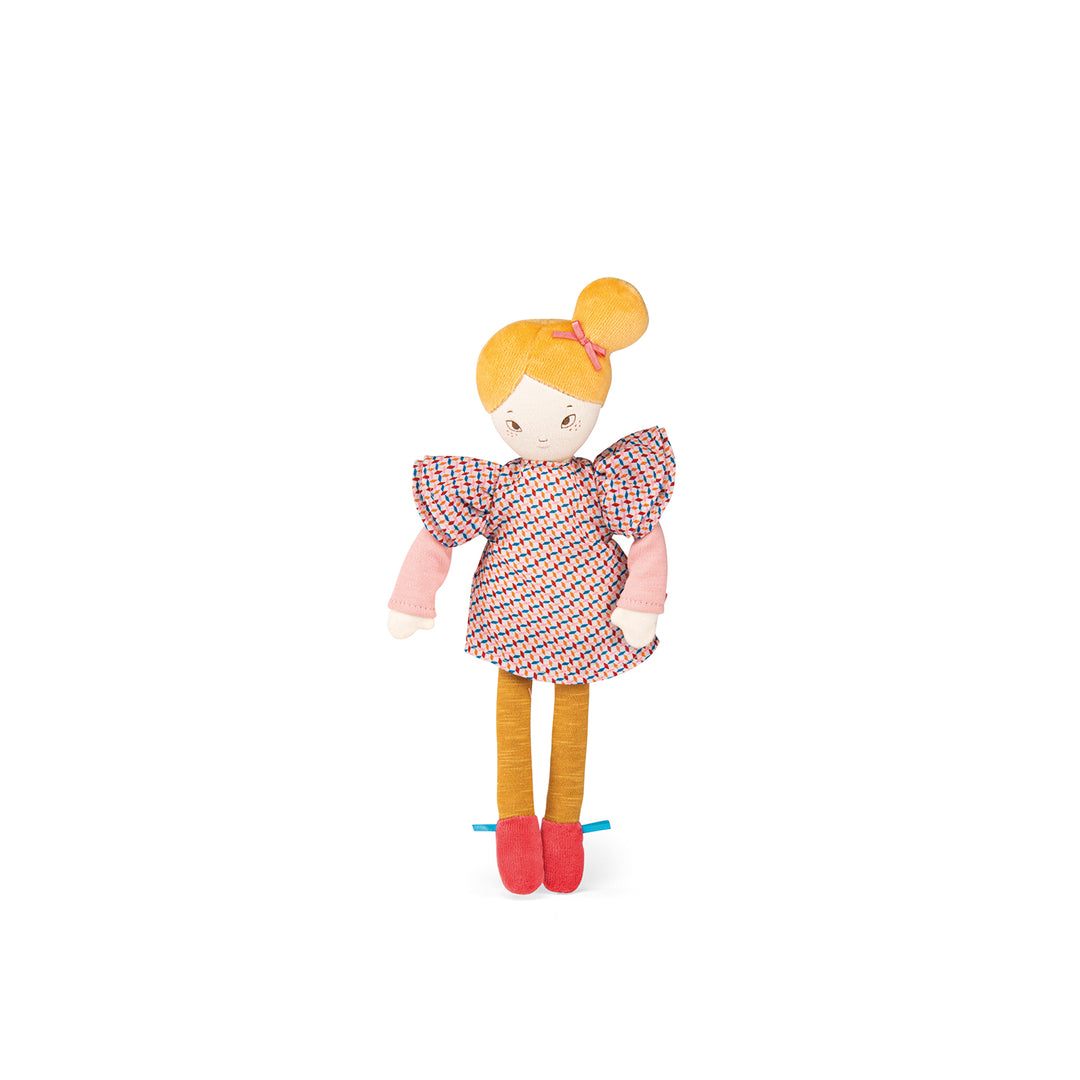 Toy doll with a purple checkered dress with big sleeves and blonde hair tied in a bun to the side of the head