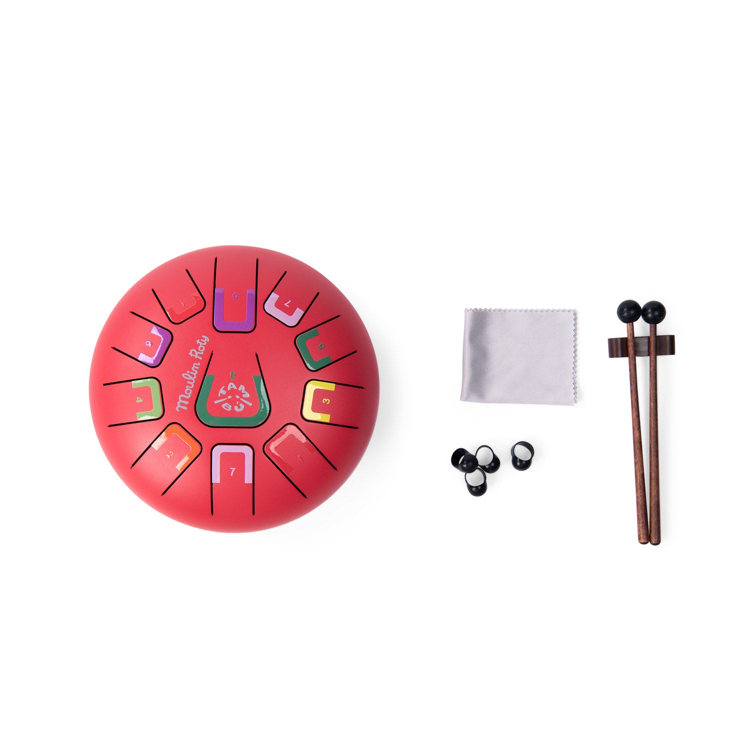Red metal tongue drum instrument with colour coded notes, two drumsticks and four finger tip accessories, and a cleaning cloth