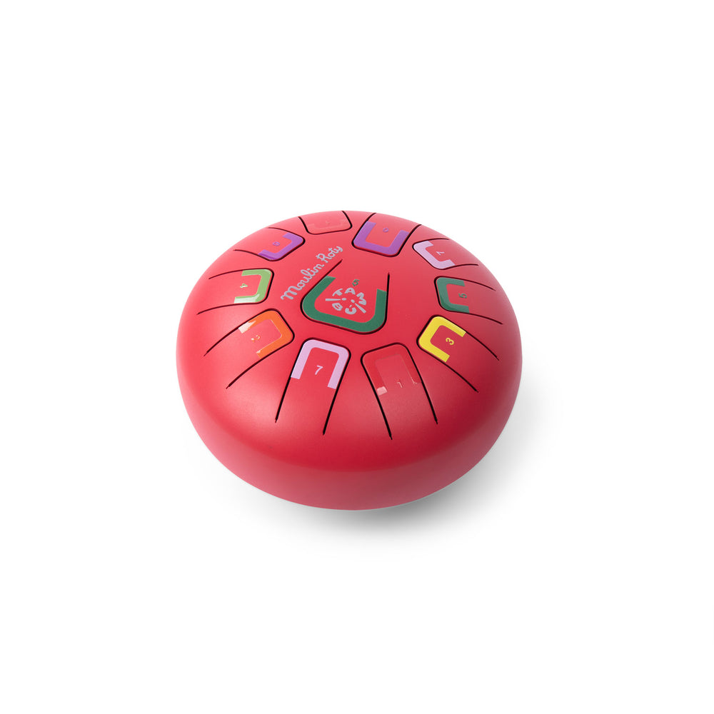Red metal tongue drum instrument with colour coded and numbered notes