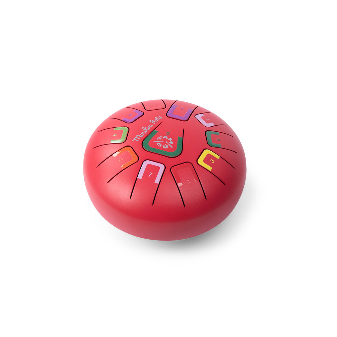 Red metal tongue drum instrument with colour coded and numbered notes