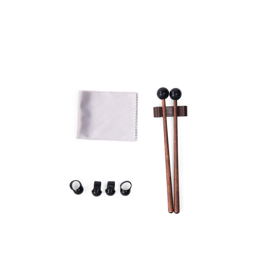 Pair of drumsticks on a stand,cleaning cloth and finger tip accessories