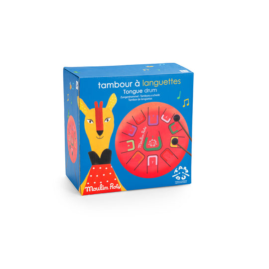 Image showing the box of the tongue drum, with an image of it on the front along with a cartoon giraffe on a blue background with musical notes