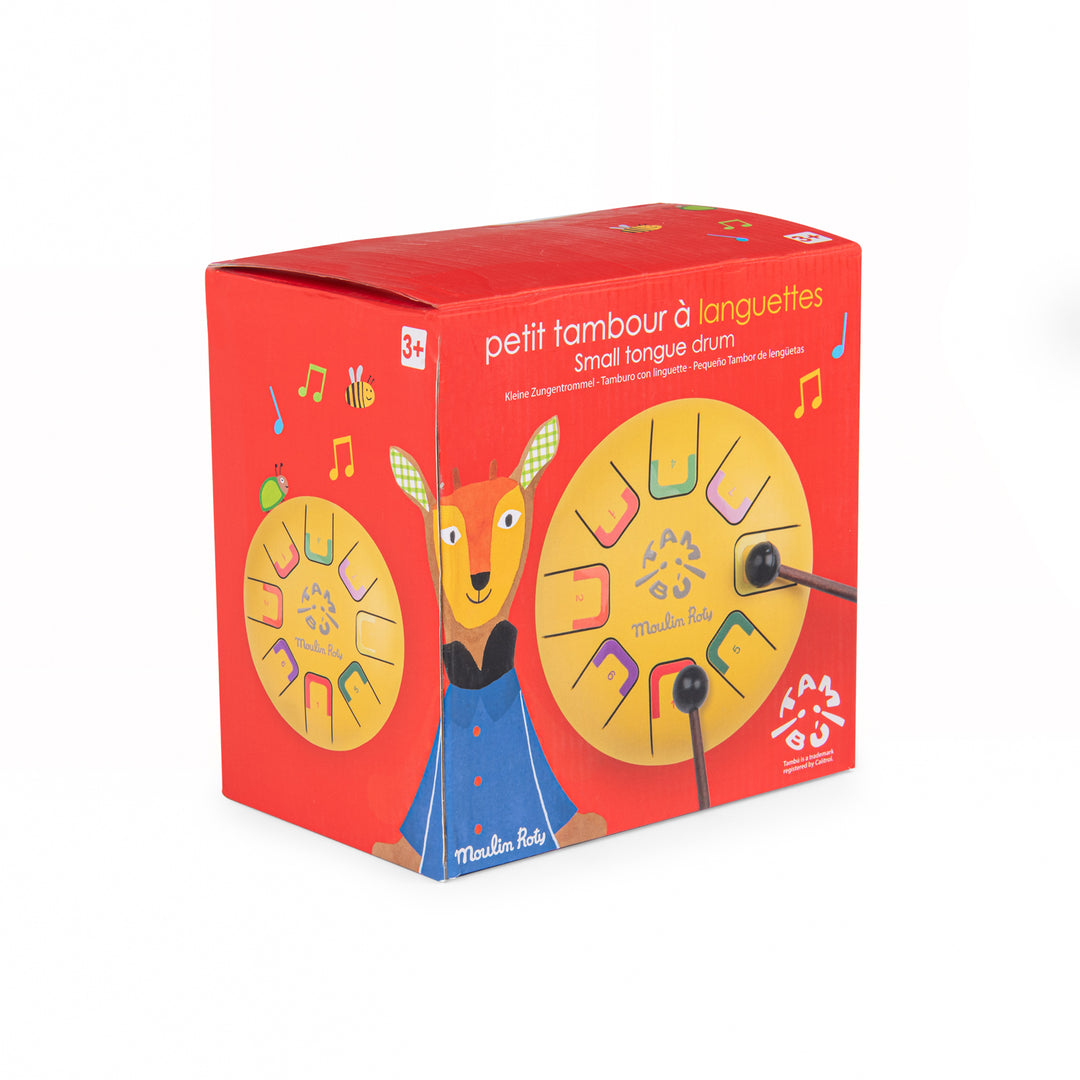 Red packaging box with a colourful drum design and cartoon character on a white background