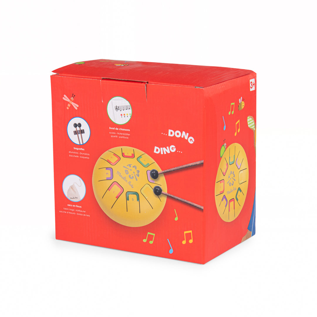 Red box with musical instrument illustrations and text on a white background