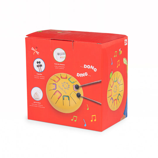 Red box with musical instrument illustrations and text on a white background