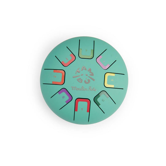 Teal coloured round metal tongue drum with colour-coded notes