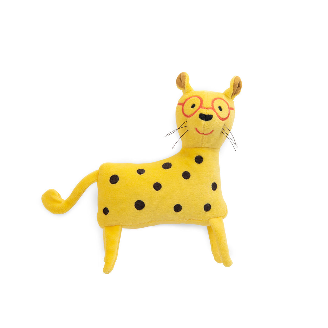 Yellow plush toy leopard rattle with black spots and red embroidered glasses and black whiskers