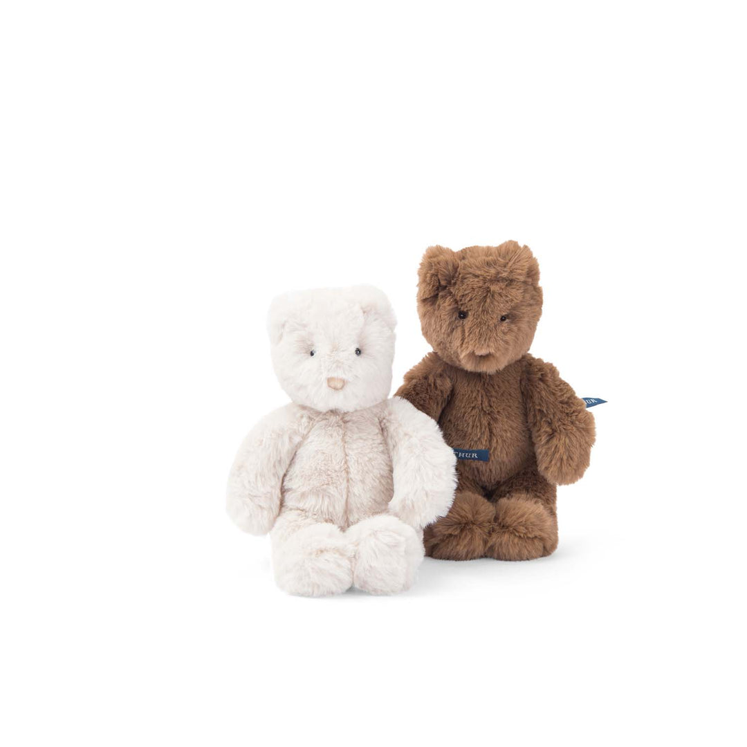 Two plush teddies, one white and one brown, sitting down