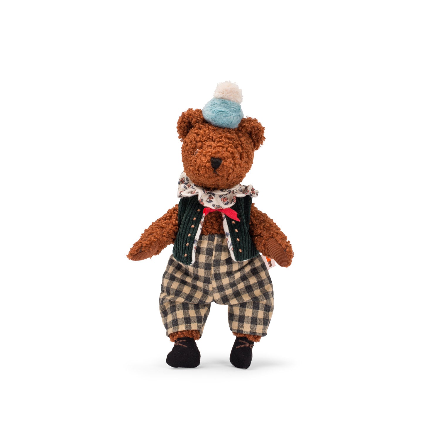 Stuffed brown teddy bear with teddy fabric wearing a neck tie, hat, corduroy waistcoat and checkered trousers