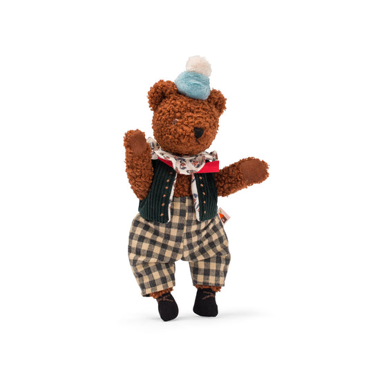 Brown teddy in outfit with its arms raised