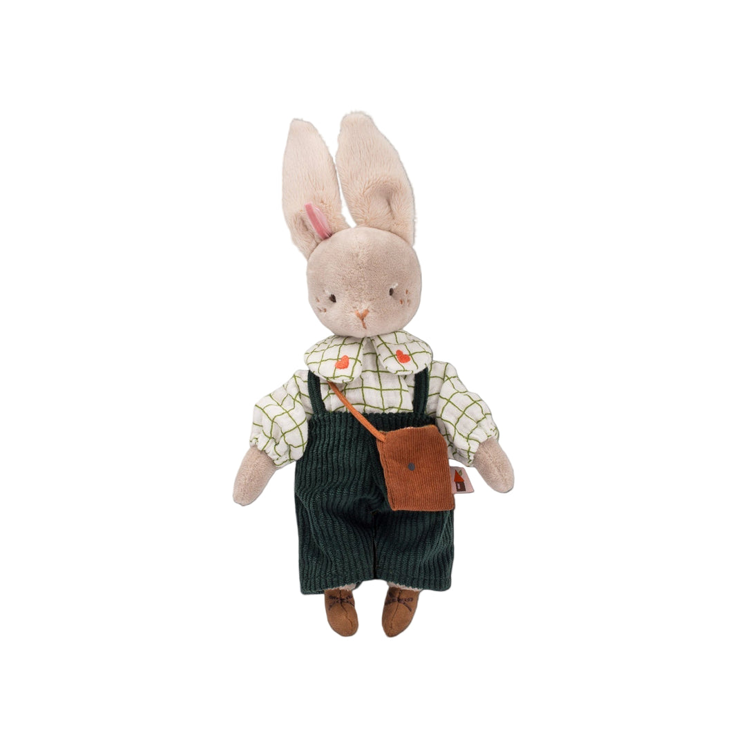 Stuffed toy rabbit wearing navy dungarees and a white checked shirt with a satchel bag