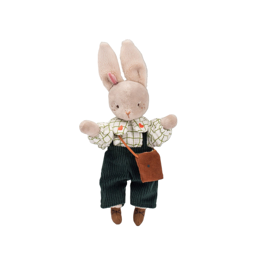 Stuffed toy rabbit wearing navy corduroy dungarees and a white checked shirt with a satchel bag and its arms raised