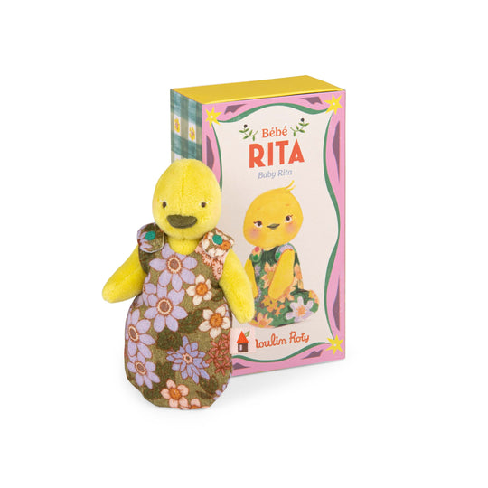 Yellow plush toy duck with a floral sleepsack next to its decorative packaging box labeled 'Bebe Rita'