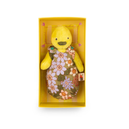 Yellow duck toy with floral patterned sleepsack inside its yellow packaging box