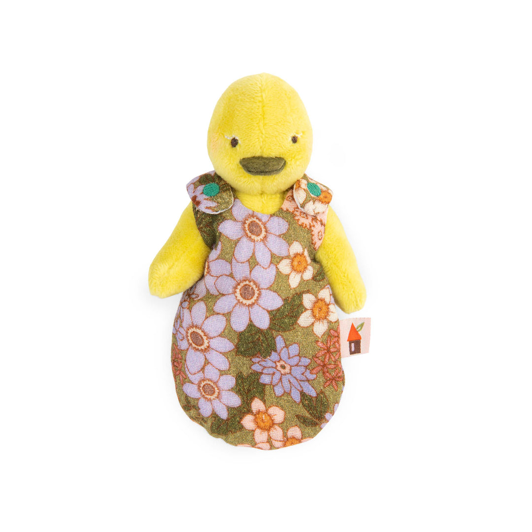 Plush toy yellow duck wearing a retro 70s-style floral sleepsack