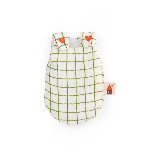 White sleepsack with green grid pattern and red embroidered hearts