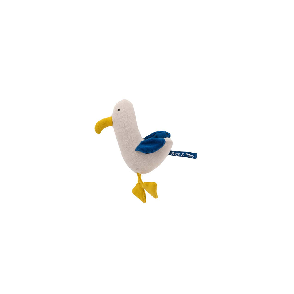 Plush toy rattle shaped like a seagull with white body, yellow beak and feet and blue wings