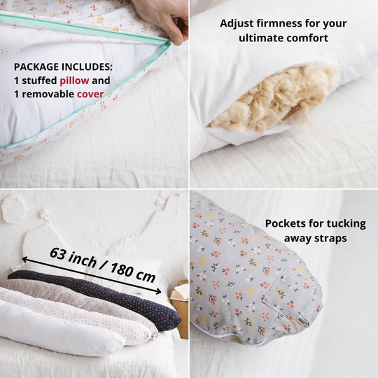 Collage of a pillow with features including stuffed pillow, removable cover, and pockets for straps.