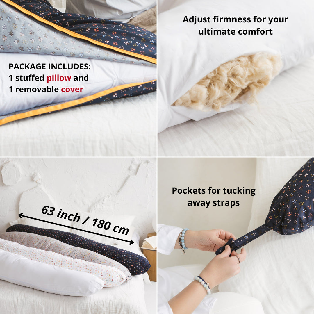 Collage of a pillow with adjustable firmness, stuffed pillow, and removable cover on a bed.