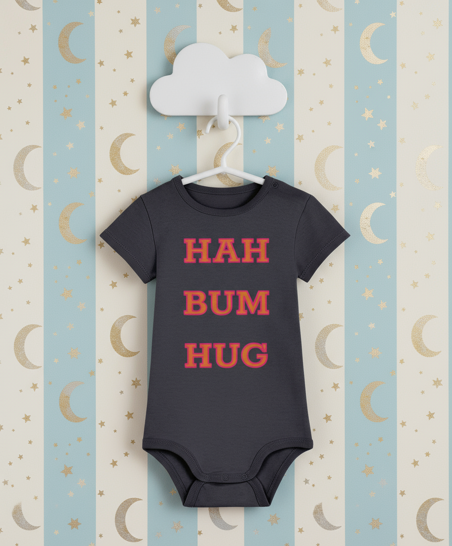 Black baby onesie with 'HAH BUM HUG' text on a striped background