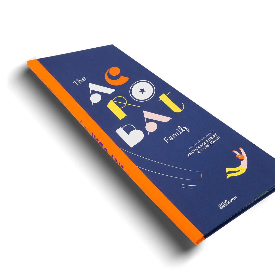 Front cover of the book with 'The Acrobat Family'in colourful letters and an image of an acrobat swinging 
