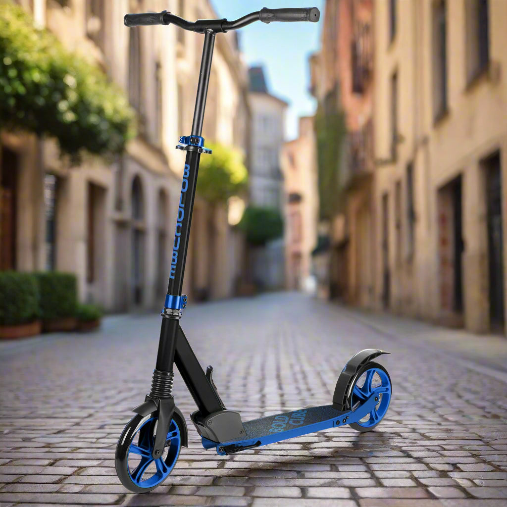 Black scooter with blue accents and 'Bold Cube' written on the vertical bar