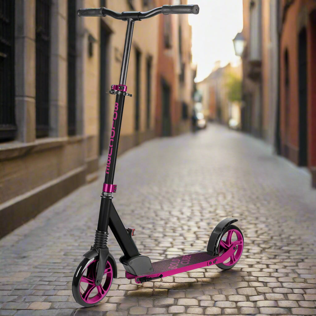 Black scooter with pink/purple accents with 'Bold Cube' written down the vertical bar