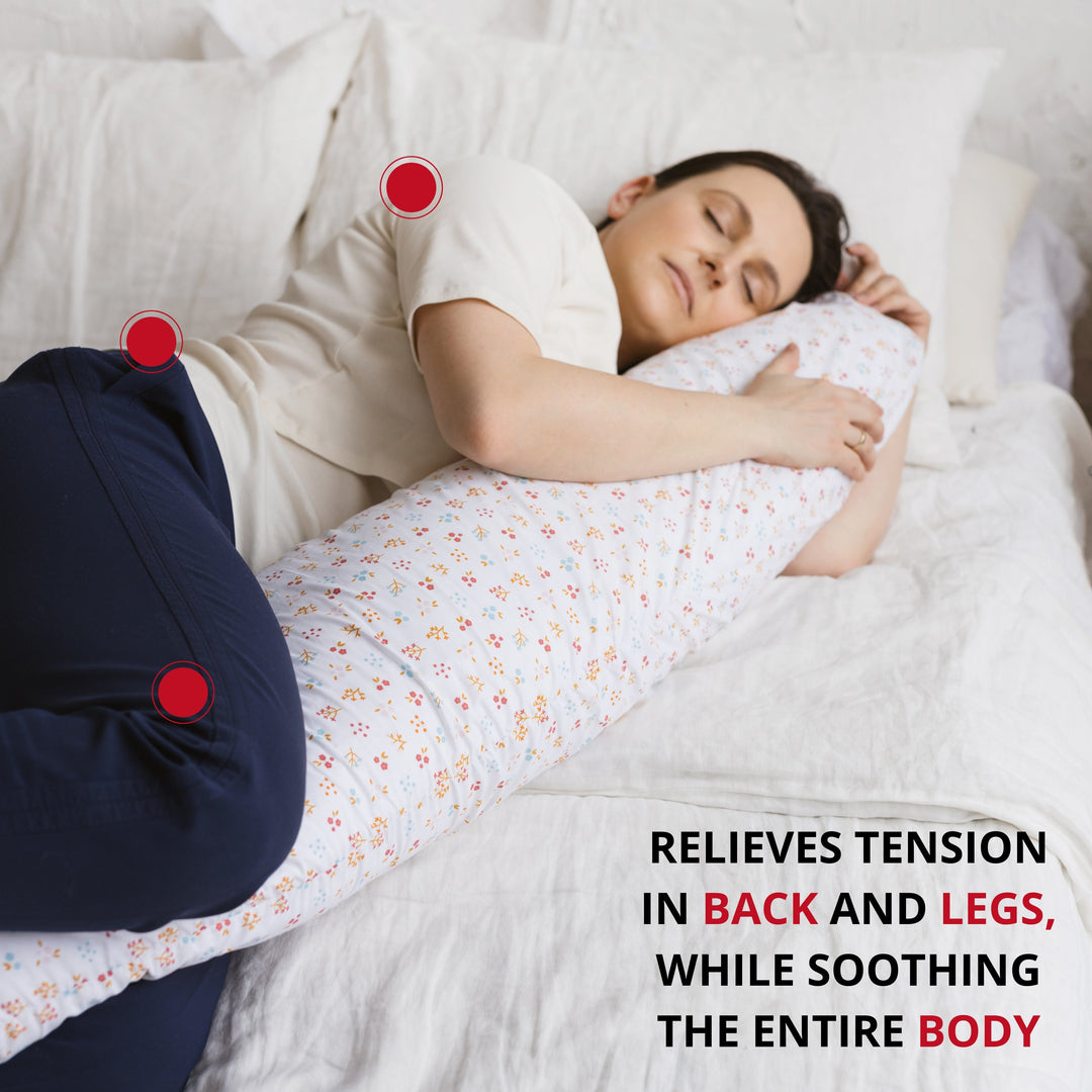 Person lying on a bed with a body pillow, with text saying about relieving tension in back and legs while soothing entire body