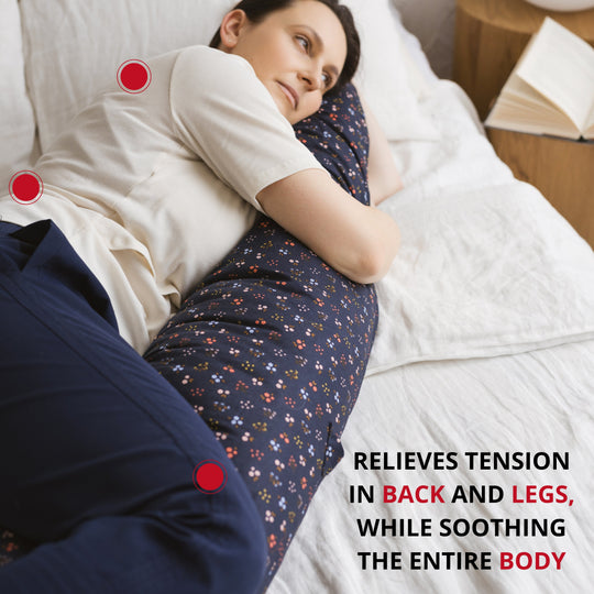 Woman lying on a bed with a pillow, text about relief from tension and soothing the body.