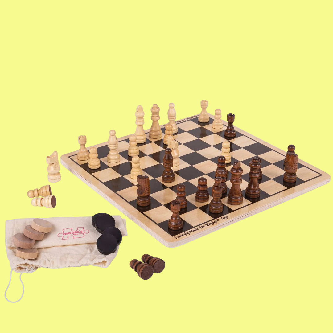 Wooden chess set with pieces and board on a white background