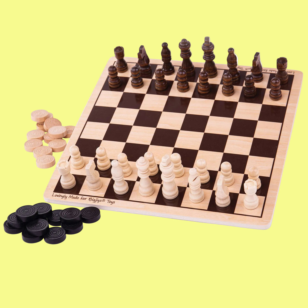 Wooden chessboard with pieces on a white background