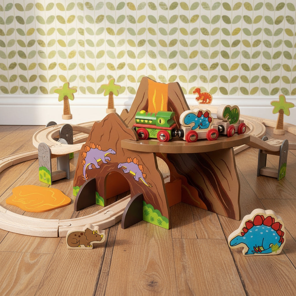 A wooden train set featuring dinosaur motifs with a train engine, carriages, tracks, and accessories like trees and a volcano.