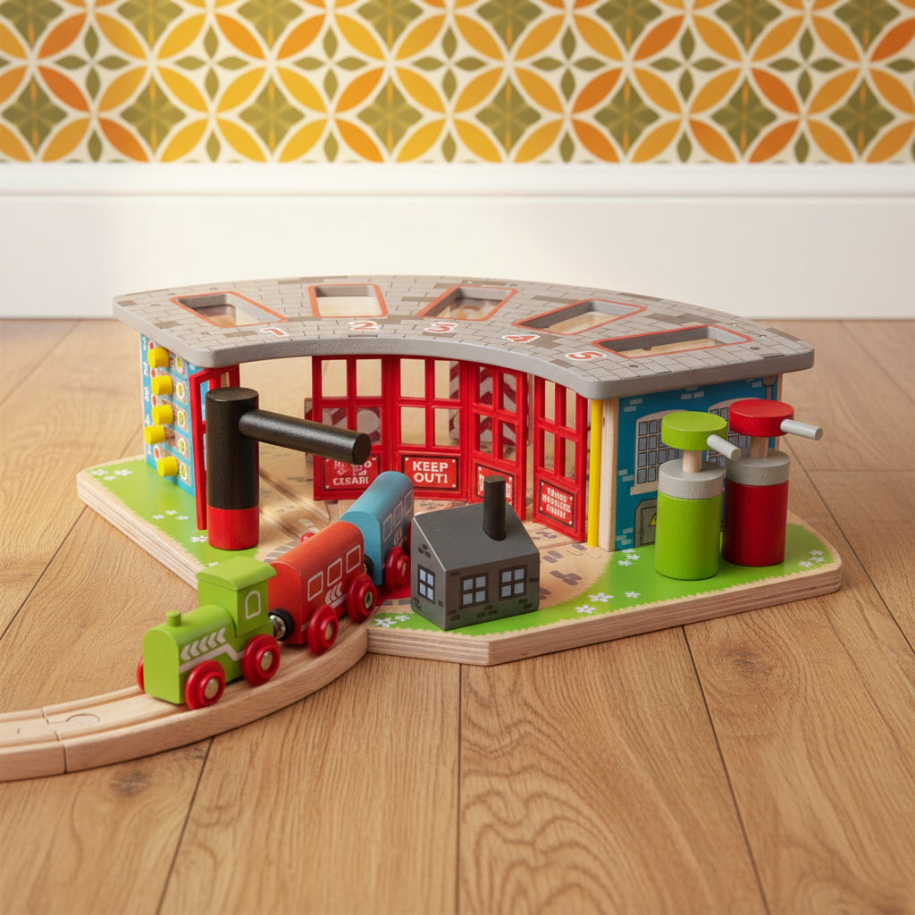 A colourful wooden toy train set featuring a five-way engine shed with train cars, a signal box, and other railway accessories.