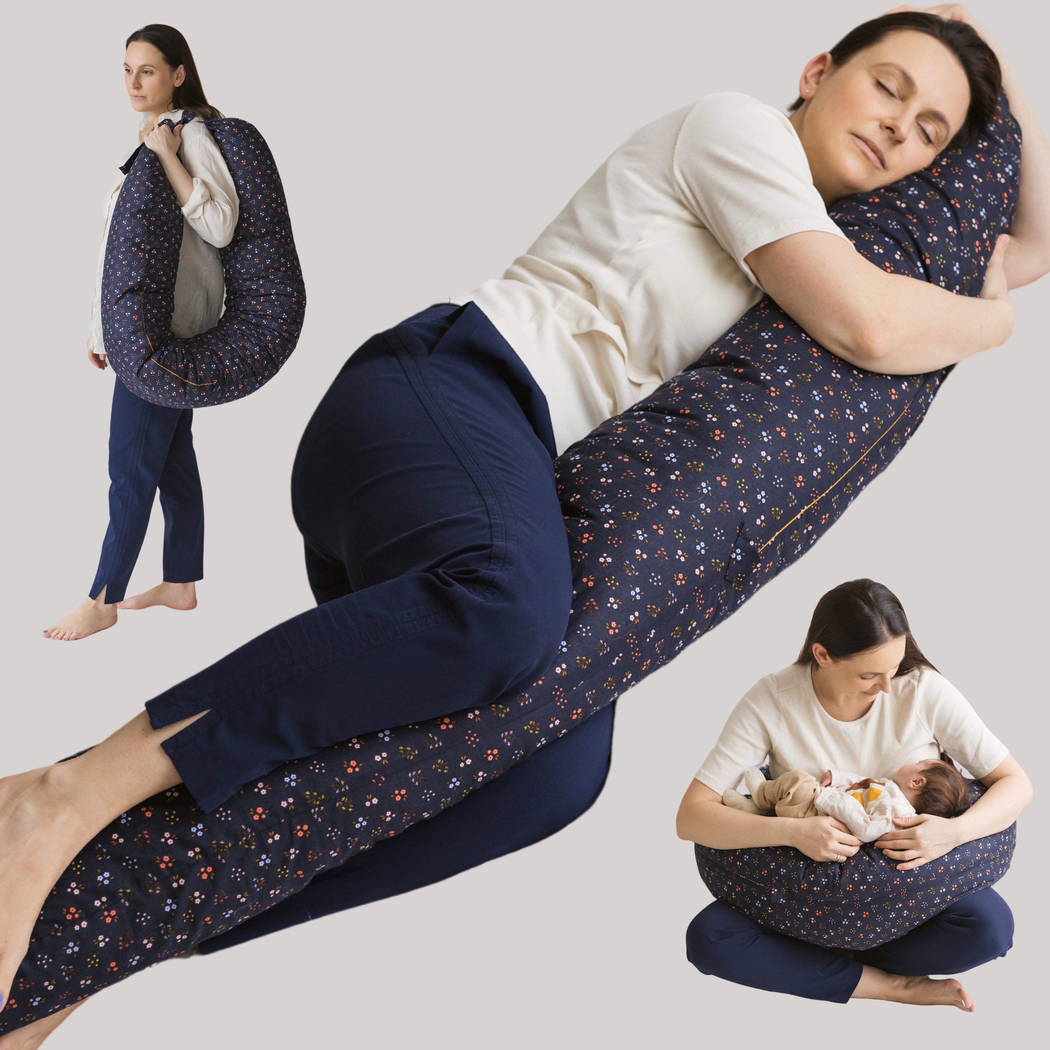 Three images, one of a woman standing with the nursing pillow tied in a poratble circle with straps across her shoulder, another image of the same woman ling down while holding onto the support pillow which is elongated and is the full length of her body, the final image is the same woman holding a baby in her lap on the support pillow