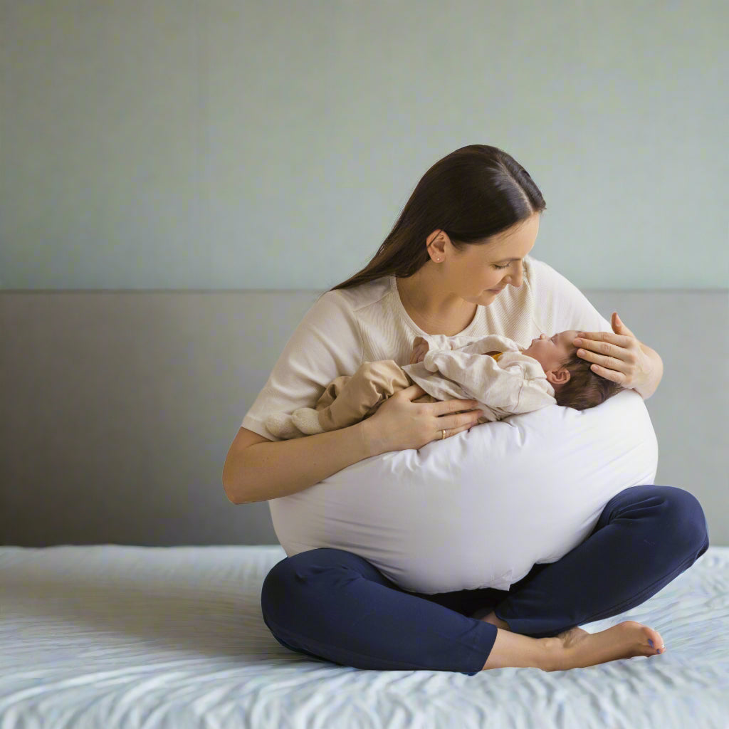 Woman holding a baby with a white pillow-shaped support on a plain background