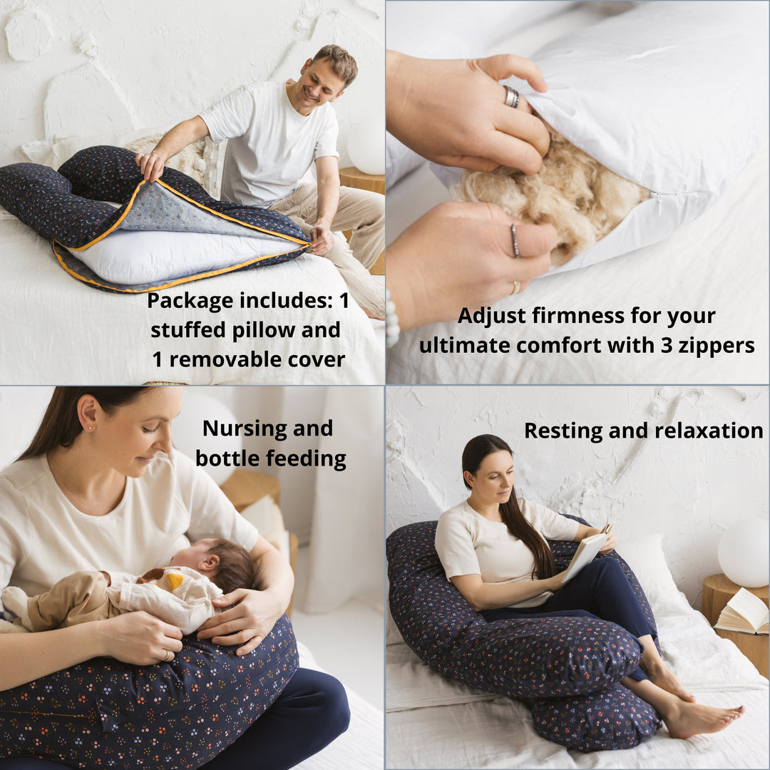 Collage of a nursing pillow with text on comfort and usage
