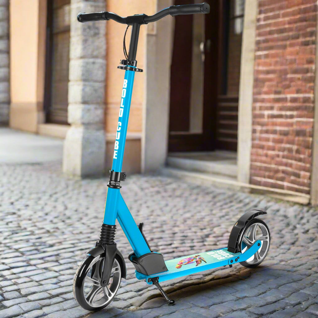 Blue schooter with 'Bold Cube' written on vertical bar and a turtle design on the tread of the scooter