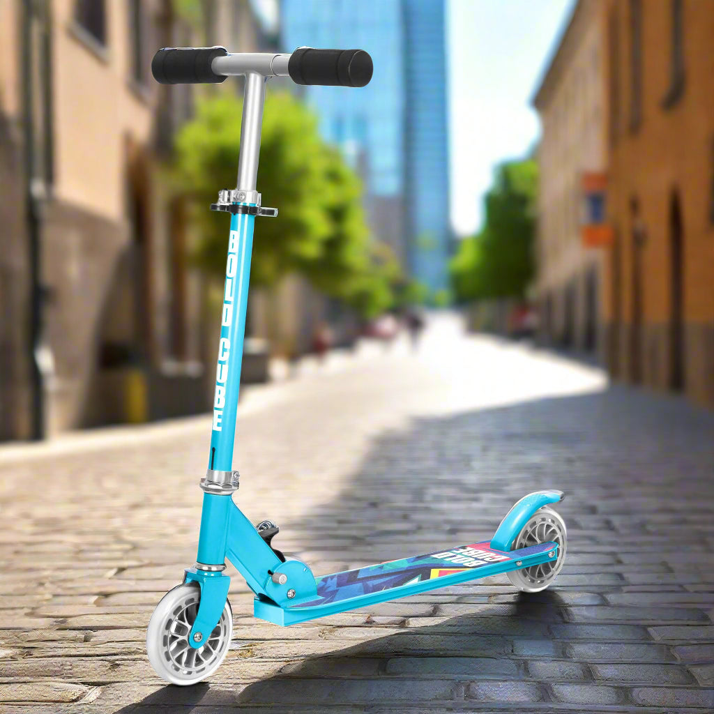 Bright blue scooter with black padded foam handleds with the brand 'Bold Cube' written on the vertical bar 